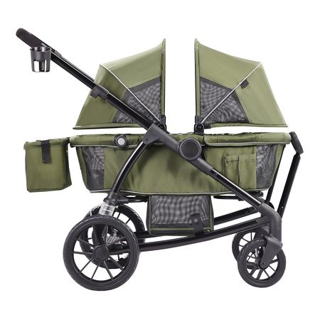 All-Terrain Stroller Wagon, 2 Seats Foldable Expedition 2-in-1 Collapsible Wagon Stroller, Includes Canopy, Parent Organizer, Snack Tray & Cup Holders, 55lbs for Single Seat, Olive Green