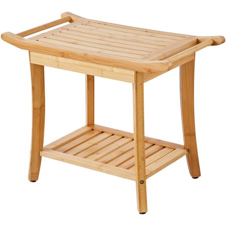 Bamboo Shower Bench, 24 x 13.8 x 18.9 in, Waterproof Shower Stool Chair with Storage Shelf Handle, 300 lbs Load Capacity Spa Bath Seat Organizer, for Adults Seniors Women Elderly Indoor Outdoor