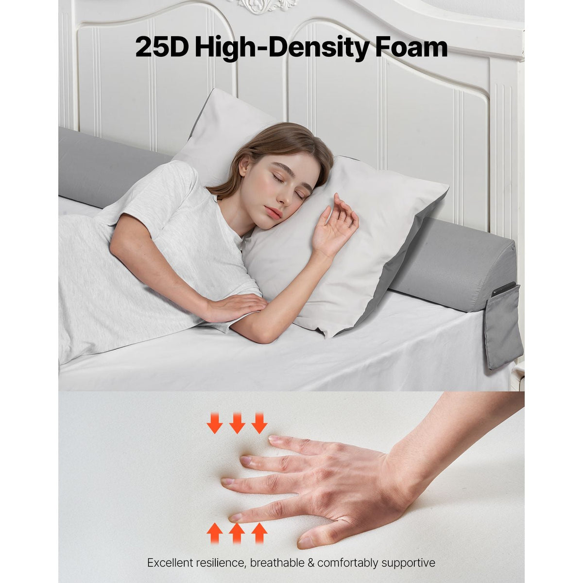 Bed Wedge Pillow for Headboard, King Size, 76"x6"x4.5" Bed Gap Filler, Fill 0-4" Gap Between Headboard and Mattress, 25D Foam Mattress Wedge Headboard Pillow with Side Pocket, for Backrest, Gray