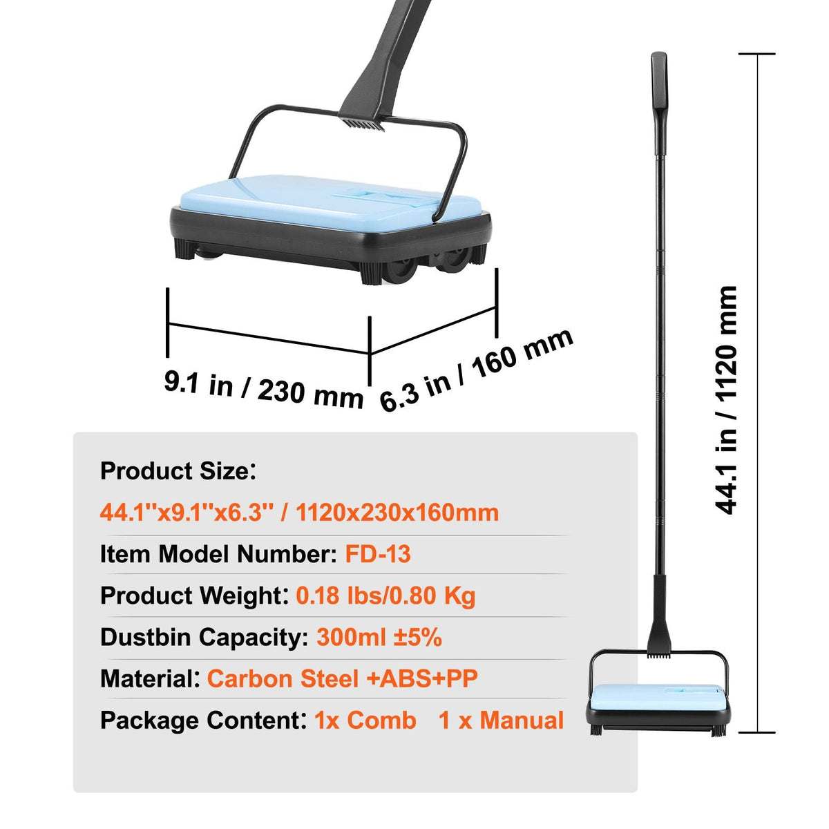 Carpet Sweeper Manual, Floor Sweeper with 300 ml Dustbin Capacity Easy to Empty, 6.7 inch Cleaning Width for Home Office Carpets Pet Hair Dust, Blue