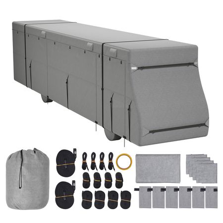 Class A RV Cover, 40-43 ft Motorhome Cover, Non-woven Fabric Motorhome RV Cover, Waterproof, Windproof and Rip-Stop, Camper Cover with Storage Bag, Repair Patches, Straps and Tire Covers