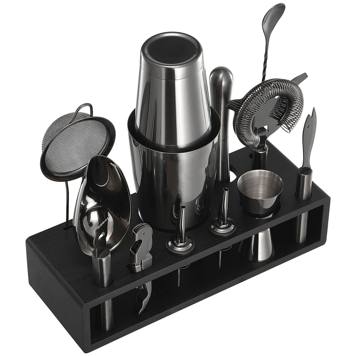 Cocktail Shaker Set, 13-Piece Stainless Steel Bar Tools with Bamboo Stand, Boston Bartender Kit | Mixer Spoon, Muddler, Jigger, Strainer, Liquor Pourers, Ice Scoop, Lemon Zester, Gunmetal