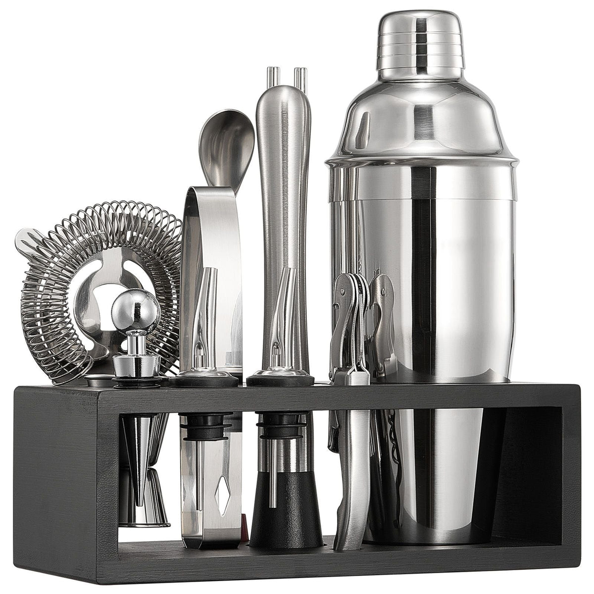 Cocktail Shaker Set, 13-Piece Stainless Steel Bar Tools with Bamboo Stand, Martini Bartender Kit Accessories | Mixer Spoon, Muddler, Jigger, Strainer, Liquor Pourers, Ice Tong, Corkscrew, Silver