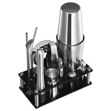 Cocktail Shaker Set, 14-Piece Stainless Steel Bar Tools with Acrylic Stand, Boston Bartender Kit Accessories | Mixer Spoon, Muddler, Jiggers, Strainer, Liquor Pourer, Ice Tong, Corkscrew, Silver