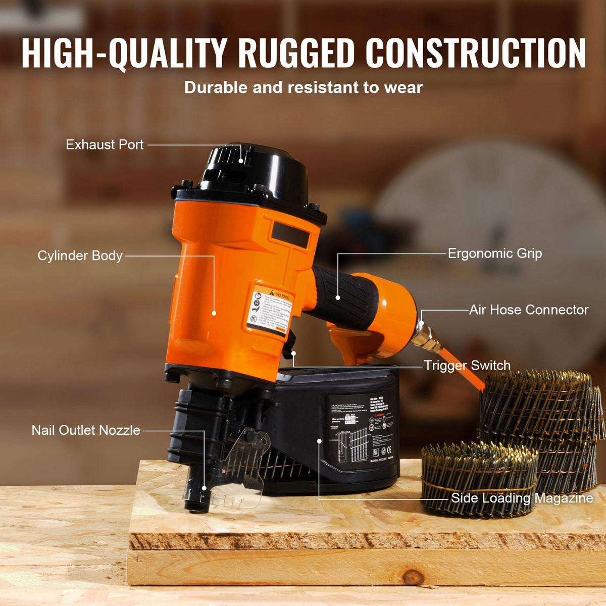 Coil Siding Nailer MCN70, 1-3/4" to 2-3/4" 15 Degree Pneumatic Siding Nail Gun, 70-120PSI Air Coil Nailer for Pallet, Crating, Framing, Siding and Fencing