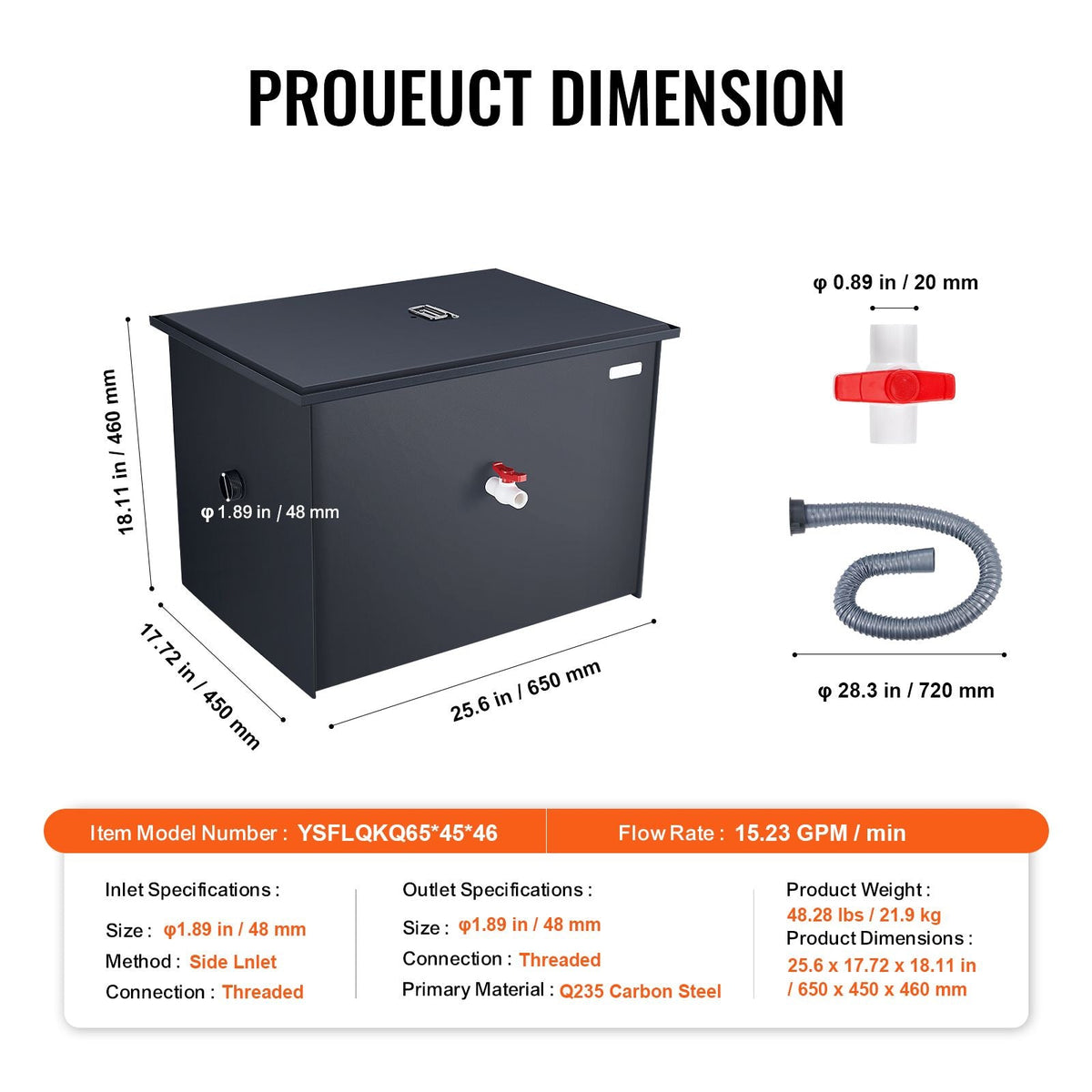 Commercial Grease Trap, 40 LBS Grease Interceptor, Side Inlet Interceptor, Under Sink Carbon Steel Grease Trap, 15.2 GPM Waste Water Oil-water Separator, for Restaurant Canteen Home Kitchen