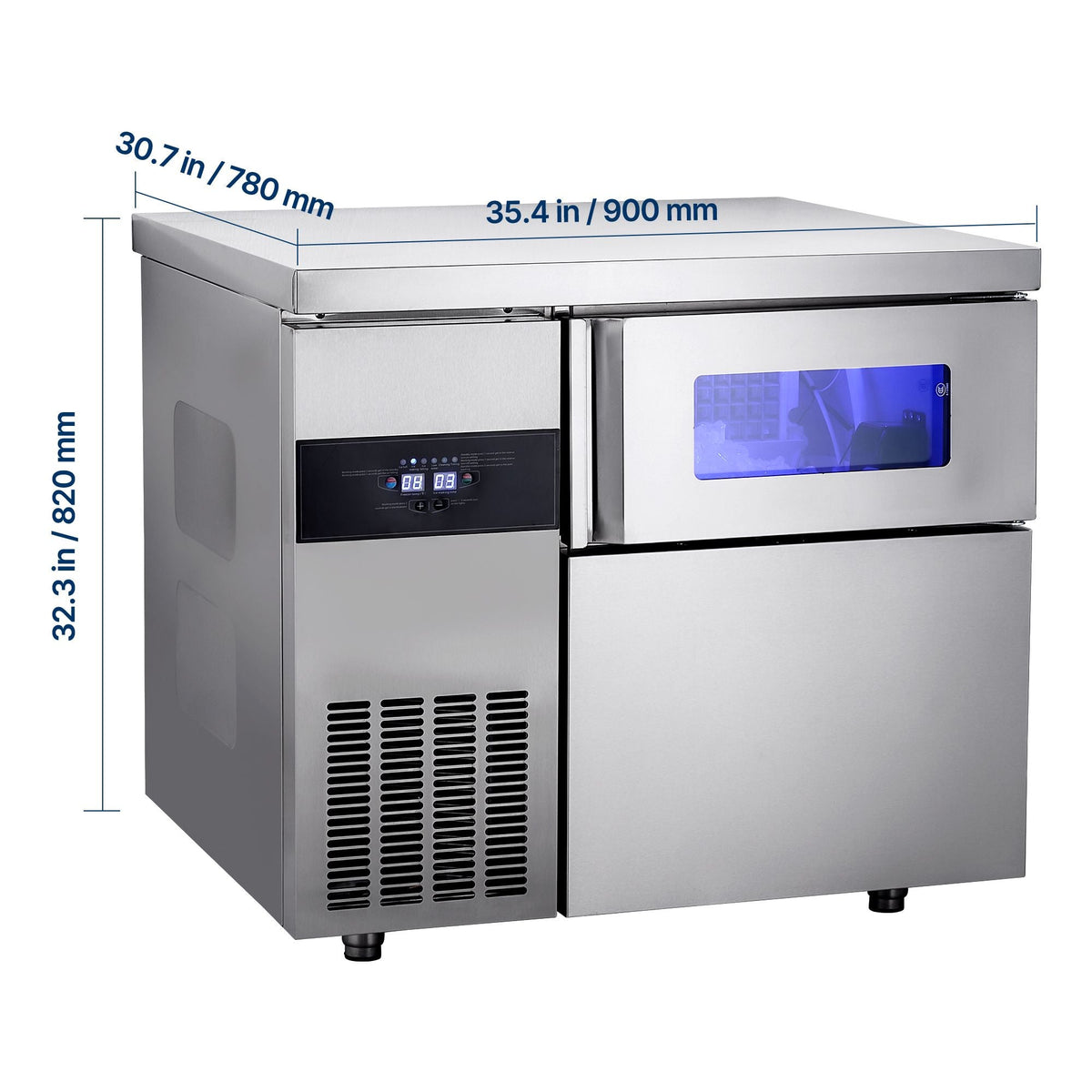 Commercial Ice Maker Machine, 220 lbs/24H Stainless Steel Ice Machine with Worktop, 66 lbs Storage & 108 Cubes/Cycle, Self-Cleaning Freestanding Ice-Making for Home Bar Office Restaurant Kitchen