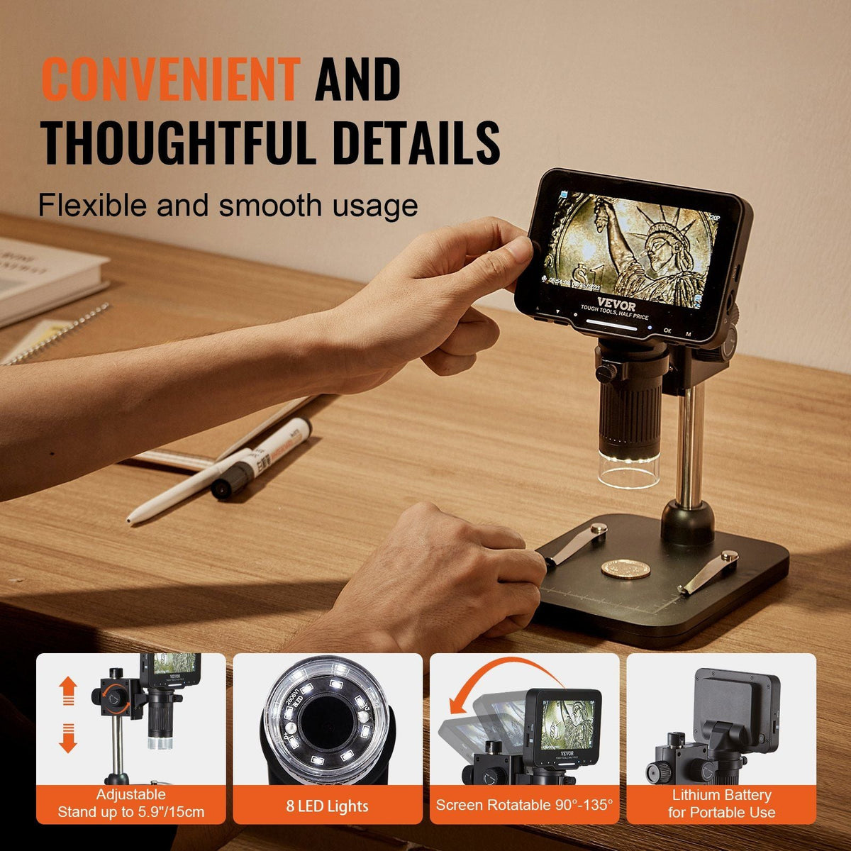 Digital Microscope, 4.3' IPS Screen, 50X-1000X Magnification, 1080P Photo/Video Coin Microscope, Electronic Microscope with 8 LED Lights and 32GB Card,Compatible with Windows/Mac OS