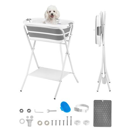 Dog Bathtub, Elevated Dog Bath Tub, 2 in 1 Collapsible Pet Bathing Grooming Wash Station, Portable Foldable Space-saving, Built-in Drain Outlet with Drain Hose for Small Pet Cat, Gray & White