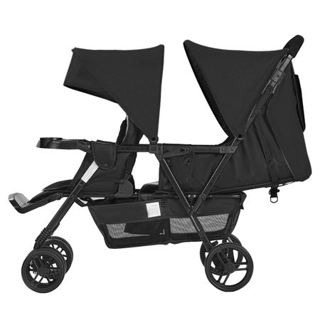 Double Stroller, Foldable Lightweight Twin Stroller with Tandem Seating, Adjustable Backrest/Footrest, Wrap-Around Safety Harness, Storage Basket & Tray, for Newborn and Toddler (Black)
