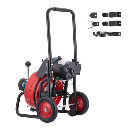 Drain Cleaner Machine 100 FT x 1/2 Inch, Auto Feed Sewer Snake Auger on Wheels, Portable Drain Cleaning Machine with 4 Cutters & Air-activated Foot Switch for 2" to 6" Pipes