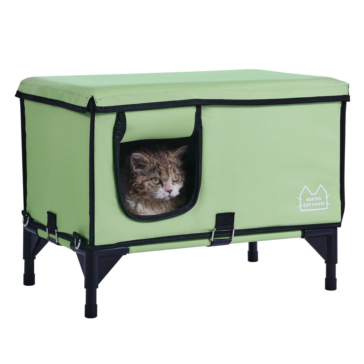 Elevated Heated Cat House, Cuboid Kitty Shelter with Adjustable Temperature and Timer, 900D Oxford Cloth Foldable Cat Shelter with Heated Pad for Winter to Stay Warm and Cozy, Green (Large)