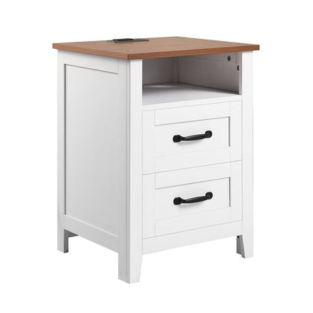 Farmhouse Nightstand, with Charging Station, End Table with 2 Drawers and Open Shelf, Bedside Storage Cabinet, Rustic Side Table with USB Port and AC Outlets, for Bedroom, Living Room, White