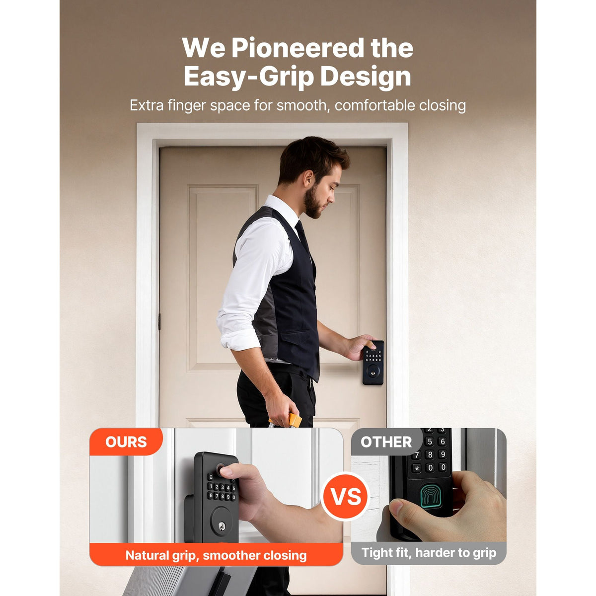 Fingerprint Door Lock, Electronic Biometric Deadbolt with Pioneering Easy-Grip Design, Auto Locking, One-Time Code, Anti-Peeking Password, Keyless Entry Door Lock for Home Use, Matte Black