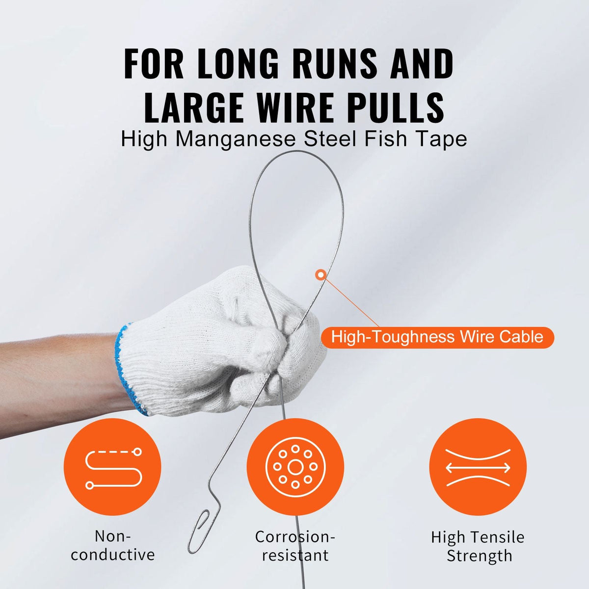 Fish Tape, 120-foot, 1/8-inch, Steel Wire Puller with Optimized Housing and Handle, Easy-to-Use Cable Puller Tool, Flexible Wire Fishing Tools for Walls and Electrical Conduit, Non-Conductive