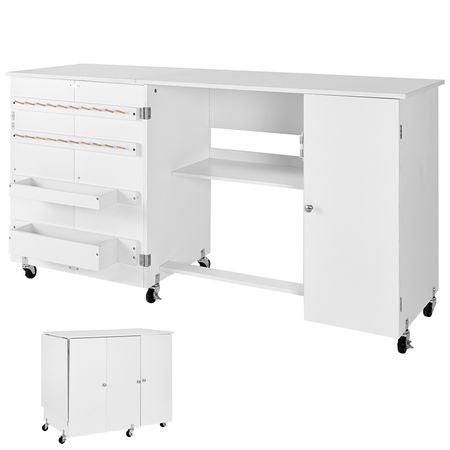Folding Sewing Table, Multipurpose Sewing Machine Table with Cabinet, Compact Design, Wheels, Wooden Pegs, Storage Trays and Shelf, Magnetic Door, Craft Station and Side Desk for Home, White