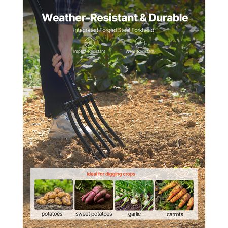 Garden Fork, 5-Tine Gardening Pitchfork with Metal Handle, 41 in Heavy Duty Digging Fork with Y Grip, Forged Steel Spading Fork for Hay Potato Composting Transplanting Aeration