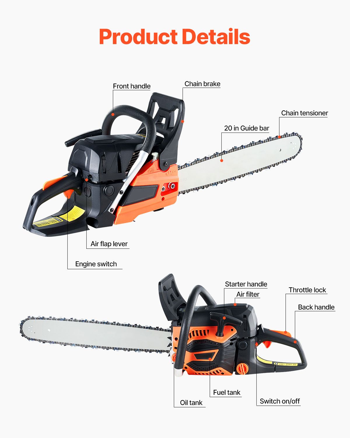 Gas Chainsaw, 58CC 20" 3.22HP, Gasoline Powered Chain Saw, Handheld Cordless Petrol Chainsaws for Tree Wood Branch Cutting, Tree Trimming, Land Clearing, Farm Garden Ranch Forest Cutting Use
