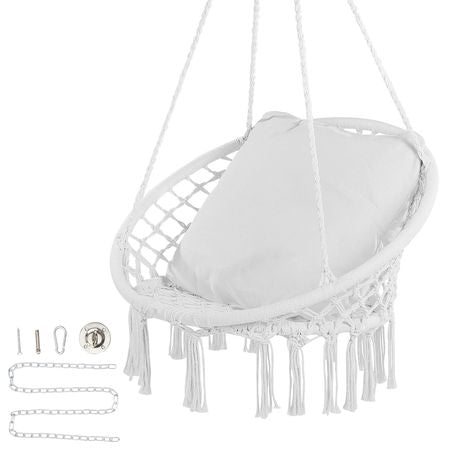 Hanging Hammock Swing Chair, 330 lbs Capacity, Macramé Hanging Chair with Cushion and Mounting Hardware, Cotton Rope Swing Chair for Bedroom, Balcony, Patio, Garden, White