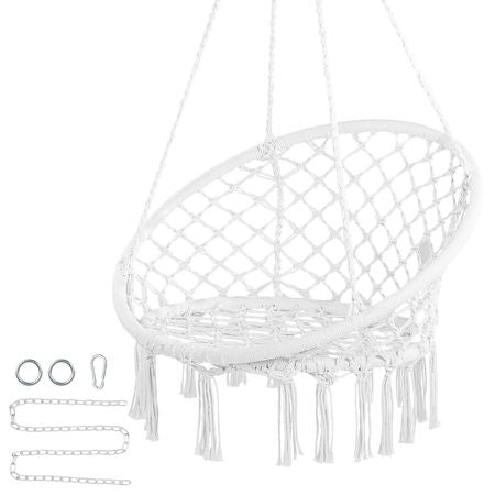 Hanging Hammock Swing Chair, 330 Lbs Capacity, Macramé Hanging Chair with Mounting Hardware, Cotton Rope Swing Chair for Bedroom, Balcony, Patio, Garden, White