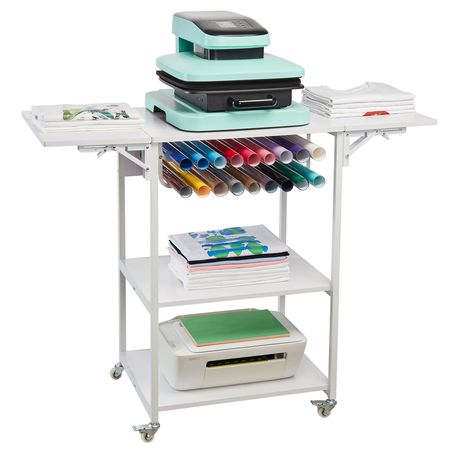 Heat Press Table, 3 Tier Movable Heat Press Stand, Foldable Heat Transfer Machine Stand with Wheels and Vinyl Roll Holder, Rolling Metal Workbench for Sublimation Transfer Machine, White