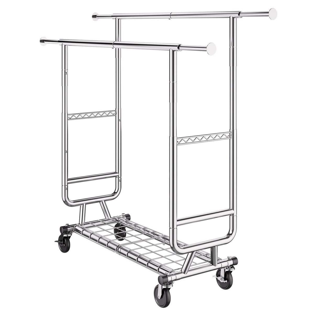 Heavy Duty Clothes Rack, Double Hanging Rod Clothing Garment Rack for Hanging Clothes, Adjustable Height and Extendable Length Clothing Rack with Bottom Storage Area, 600 lbs Load Capacity