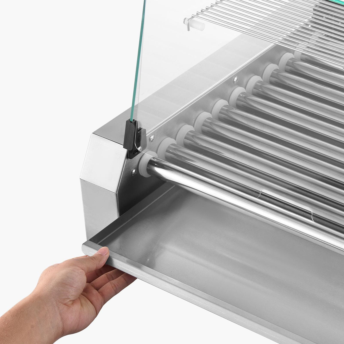 Hot Dog Roller, 30 Hot Dog 11 Rollers, Stainless Steel Sausage Grill Cooker, 1600W Commercial Hot Dog Machine with Dual Temp Control, Cover, Side Storage Box, Removable Shelf & Oil Drip Tray