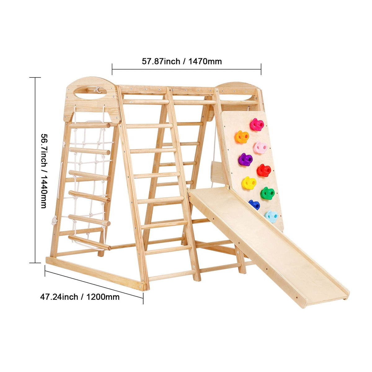 Indoor Jungle Gym, 7-in-1 Toddler Indoor Playground, Wooden Toddler Climbing Toys Indoor with Wood & Rope Ladder, Net Ladder, Swing, Monkey Bar, Slide, Climbing Wall, 47.2 x 58 x 56in
