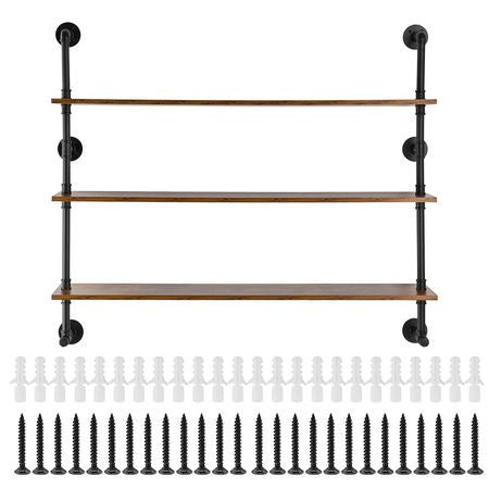 Industrial Pipe Shelf, 3 Tier 48x9.84in, Wall-Mount Floating Rustic Wood Shelves Bracket Display Bookshelf, Storage Rack Sundries Holder for Kitchen Bedroom Bathroom Living Room, Black