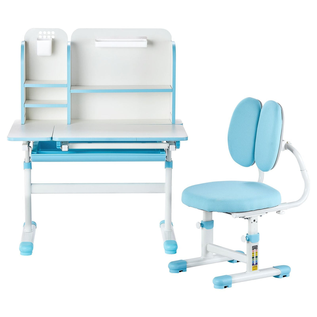 Kids Study Chair and Desk Set, Study Desk and Chair for Kids with Bookshelf & Storage Drawer, Adjustable Height & 0-40° Tilted Desktop Desk and Chair, Study Table for Bedroom & Study Room, Blue