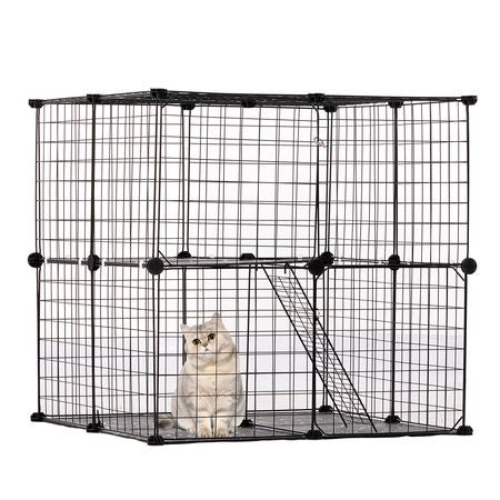Large 2-tier Cat Cage, 28 x 28 x 28", DIY Detachable Metal Wire Cat Enclosure, with Ramp Ladder Adjustable Resting Platform, Crate Large Indoor & Outdoor Exercise Place for Small Animals, Black
