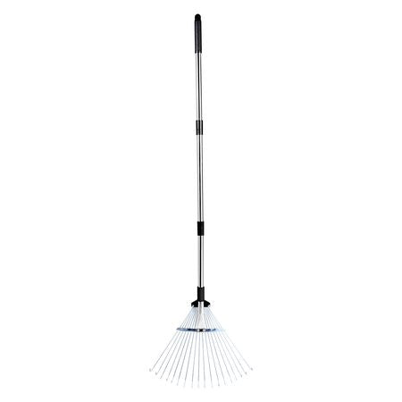 Leaf Rake, 18 Metal Tines, Adjustable Garden Rake for Lawns with 7.7-17.1 Inch Head & 32.3-55.6 Inch Long Handle, Heavy Duty Stainless Steel Small Leaves Tool for Gardening Camping Yard Grass