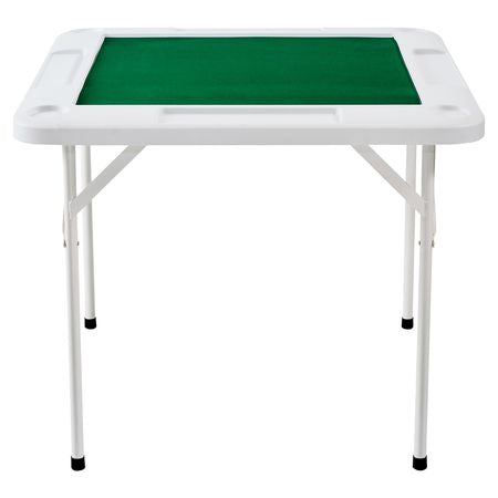 Mahjong Table, 4 Player Folding Domino Table with Wear-Resistant Green Tabletop, Portable Square Card Table with 4 Cup Holders & 4 Chip Trays for Mahjong Poker Puzzles, 35.4 x 35.4-inch