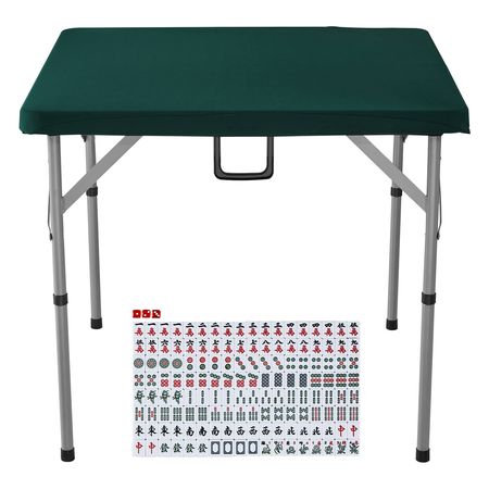 Mahjong Table with Mahjong Tiles Set, Fold-in-Half 4 Player Card Table with 144PCS Majiang Tiles and 3 Dice, Portable Bi-Folding Domino Table with Wear-Resistant Green Tabletop & Carrying Handle