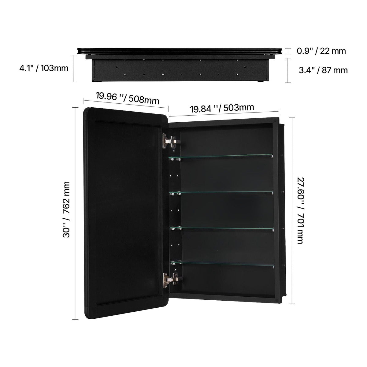 Medicine Cabinet, 20 x 30 inch, Medicine Cabinet for Bathroom with Mirror, Aluminum Frame Bathroom Wall Cabinet, 4-layer Adjustable Shelves, Recessed & Wall-mounted Installation