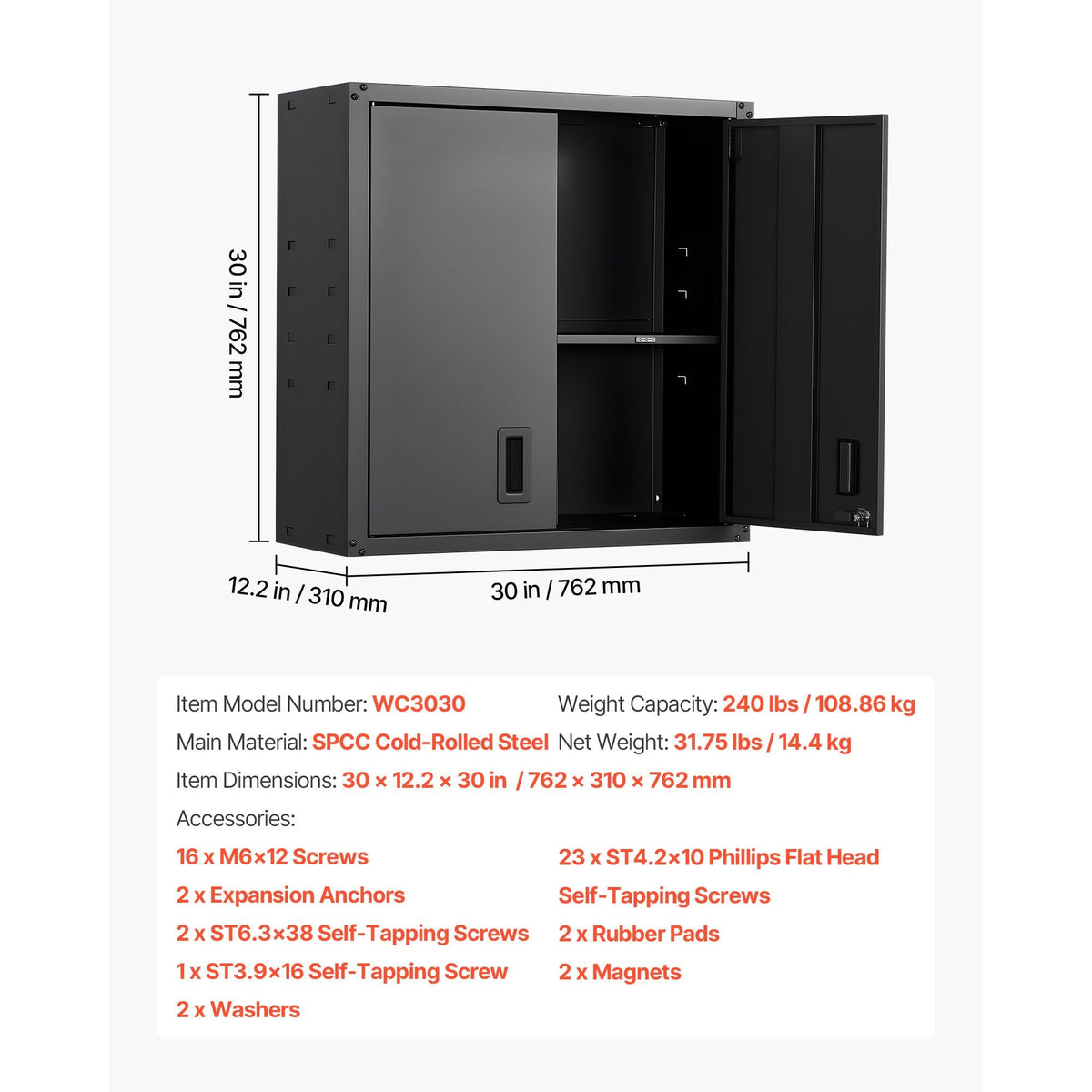 Metal Wall Cabinet, 30W x 12.2D x 30H Inch, Steel Floating Hanging Storage Cabinet with Locking Doors and Adjustable Shelf for Garage, Basement, Kitchen, Warehouse Assembly Required, Black