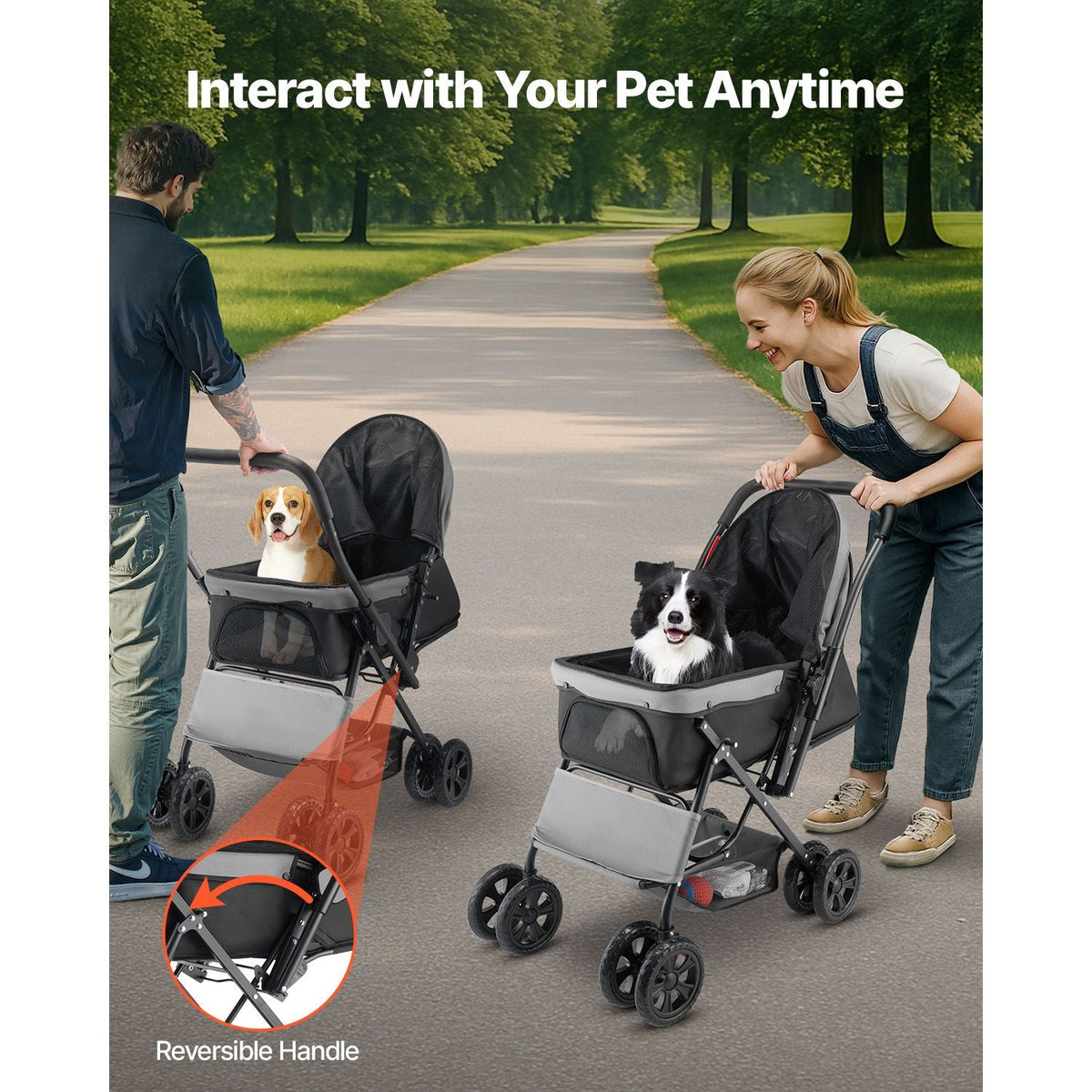 Pet Stroller, 44 lbs Weight Capacity, Foldable Dog Stroller Cart, 4 Wheels Cats Stroller with Mesh Windows & Revrsible Handle, Portable Pet Carrier Stroller with Brake, for Small to Medium Pets