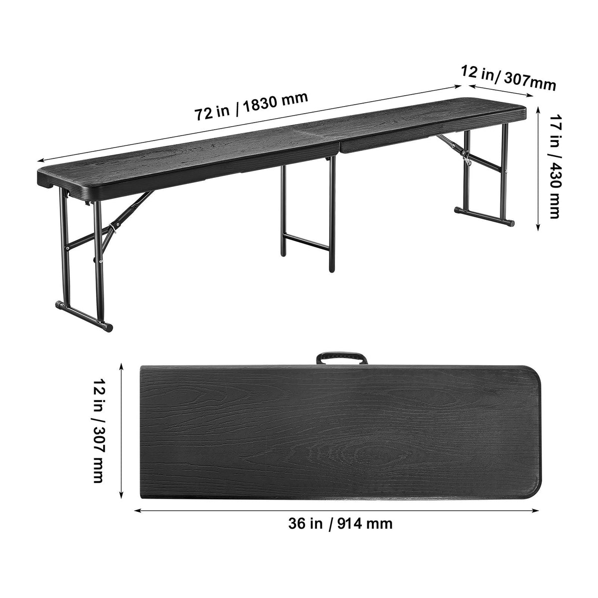 Plastic Folding Bench, 6 ft Portable Bench for Indoor/Outdoor Picnic Party Patio Camping Dining, Foldable Smooth HDPE Seat for Garden Soccer Multipurpose Entertaining Activities, 1 Pack, Black