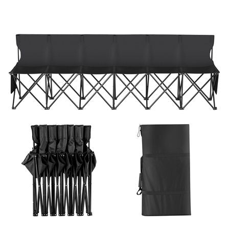Portable Folding Bench, 6 Seat Foldable Soccer Bench with Side Pockets and Carrying Bag, Lightweight Sideline Seating with Back Rest for Football, Baseball, Camping, Outdoor Events, Black