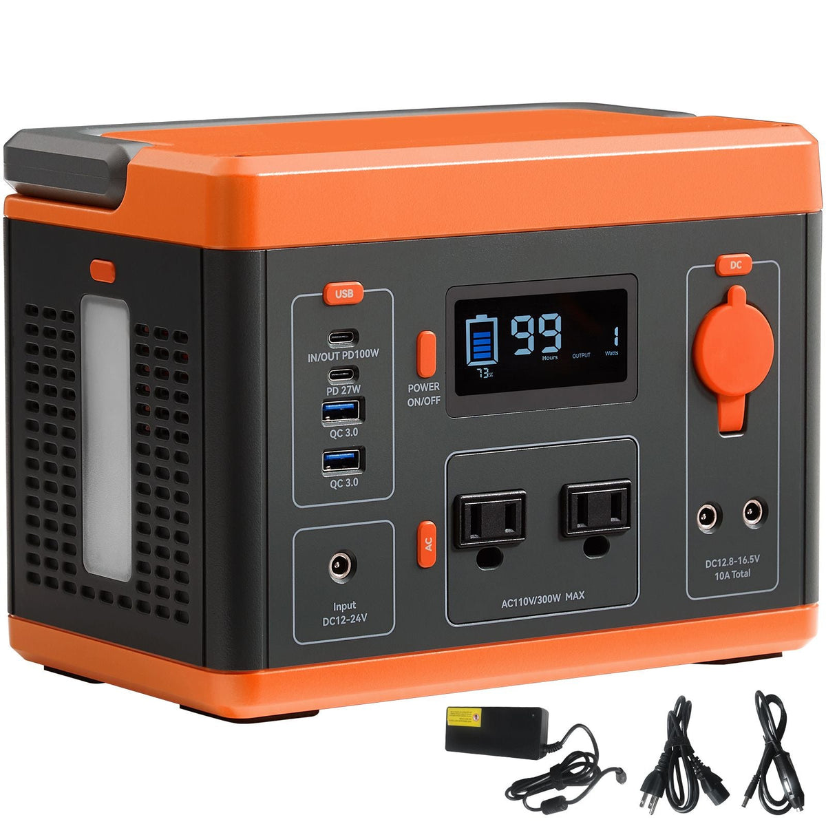 Portable Power Station, 296Wh, Backup Lithium-ion Battery Solar Powered Generator, 300W(Peak Power 600W) Pure Sine Wave AC Outlet, USB QC3.0 LED Light, for Outdoors Camping Travel Home Emergency
