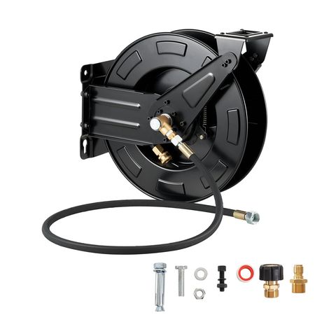 Pressure Washer Hose Reel, 50 ft x 3/8 inch Retractable Power Heavy-Duty Steel Washer Hose Reel, 4000PSI Max, Auto-Rewinding, Flexible Wall/Floor Mounted for Car Washing,Garden,Floor Cleaning
