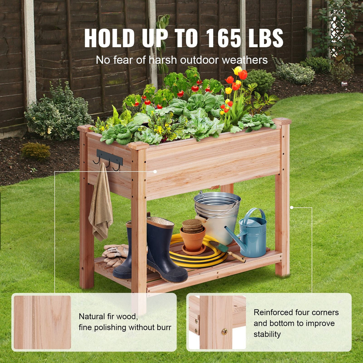 Raised Garden Bed, 34 x 18 x 30 in Wooden Planter Box, Elevated Outdoor Planting Boxes with Legs, for Growing Flowers/Vegetables/Herbs in Backyard/Garden/Patio/Balcony, Burlywood
