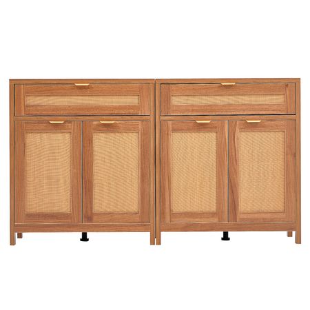 Rattan Cabinet, Set of 2, Rattan Storage Cabinet with 4 Magnetic Doors and 2 Drawers, Sideboard Buffet Cabinet with Adjustable Shelves, for Hallway, Entryway, Living Room, or Kitchen, Natural