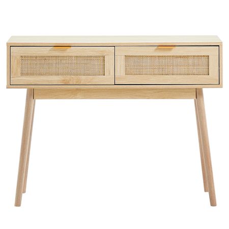 Rattan Console Table with 2 Storage Drawers, Rattan Entryway Table with Natural Rattan Sliding Door, Console Sofa Table for Living Room, Study, Entryway Or TV Wall, Natural