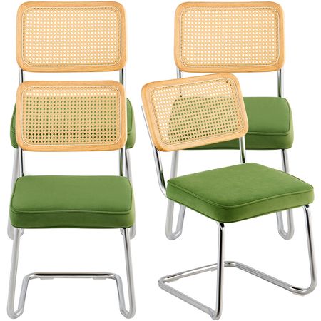 Rattan Dining Chairs Set of 4, Mid Century Modern Dining Chair, Upholstered Velvet Accent Chair with Rattan Back, Retro Dining Room Kitchen Chair for Living Room, Bedroom, Office (18.1 Inch)