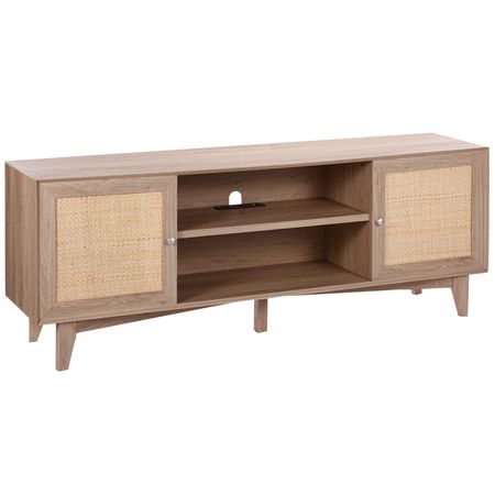 Rattan TV Stand, Mid Century Modern TV Stand for 75 inch TV, Boho Rattan TV Cabinet with Build-in Socket and USB Ports, Adjustable Shelfs for Living Room, Media Room, Oak