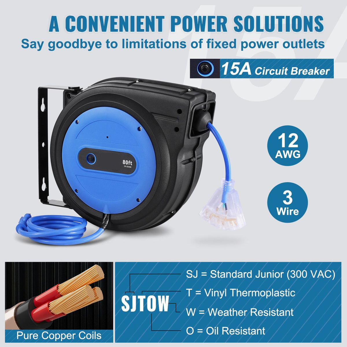 Retractable Extension Cord Reel, 80 FT, Heavy Duty 12AWG/3C SJTOW Retractable Power Cord with Lighted Triple Tap Outlet, 15 Amp Circuit Breaker 180° Swivel Bracket for Ceiling or Wall Mount
