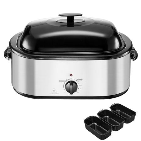 Roaster Oven, 24QT Electric Turkey Roaster Oven, 150-450 Fahrenheit Adjustable Temp Electric Roasting Pan with 3 Bin Buffet Server, Self-Basting Lid, Defrost & Warm Function, Self-Basting Lid