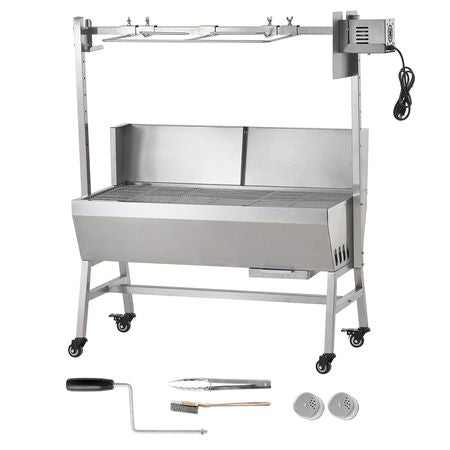 Rotisserie Grill with Windscreen, BBQ Whole Pig Lamb Goat Charcoal Spit Grill, 35 Inch 90 Lbs Capacity, Electric 42W Motor Stainless Steel Roaster with Lockable Wheels, for Camping Outdoor