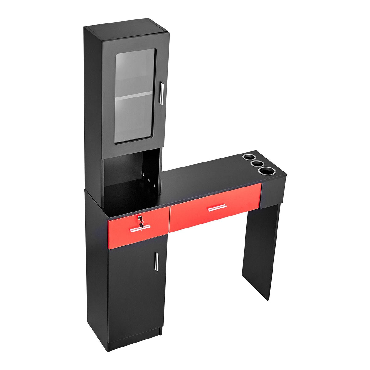 Salon Workstation, Wall-Mounted Unit for Hair Professionals, Spa Styling Storage Solution, Includes Cabinet, 3 Shelves & 2 Drawers (One with Lock), in Black & Red